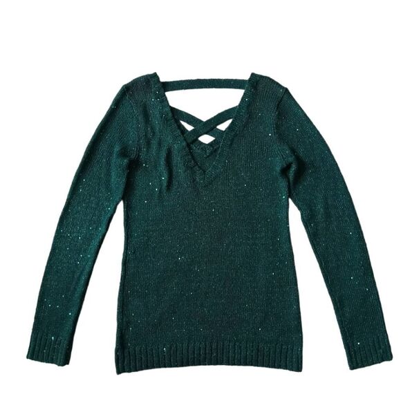 Guess Blue Green Knit V-Neck Sequins Crisscross Pullover Sweater Women's Medium - Picture 1 of 14